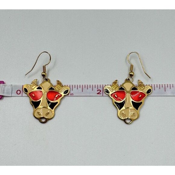 Vintage Edgar Berebi Gold Tone Enamel Cow Sunglasses Dangle Pierced Earrings - Picture 5 of 6
